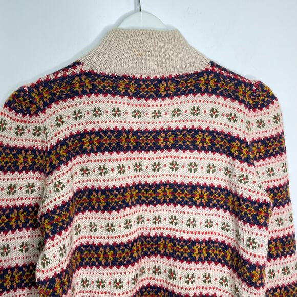 Edina Ronay England Tan, Red, Blue Fair Isle Hand Knit Wool Cardigan Sweater - Picture 6 of 10